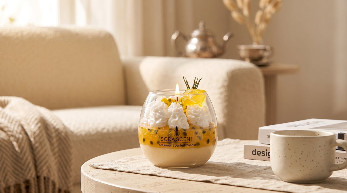 Handcrafted gel and soy hybrid dessert candle styled in a cozy living room