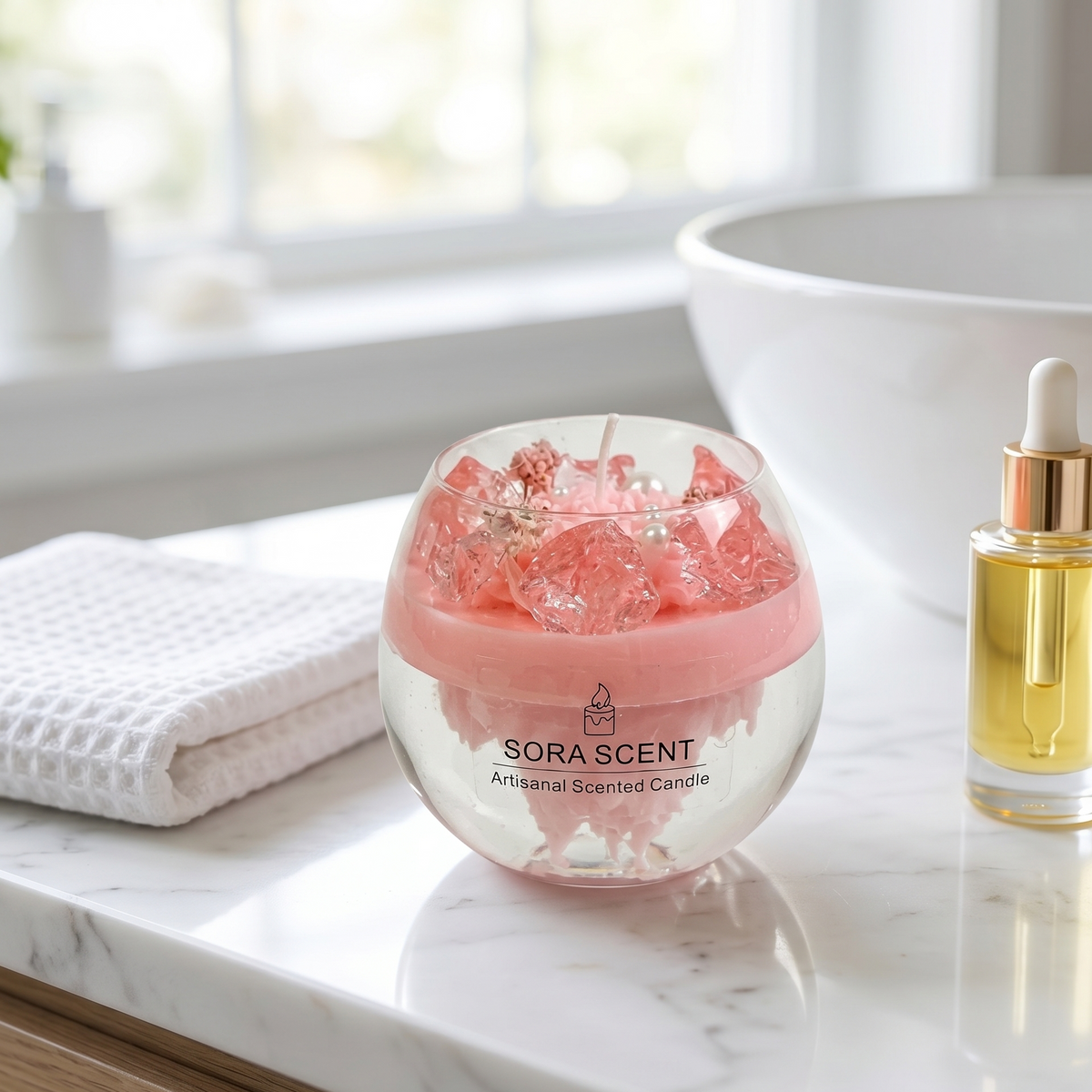 Pink Crystal Garden Candle: A Handmade Visual Art Candle Inspired by Romance and Elegance