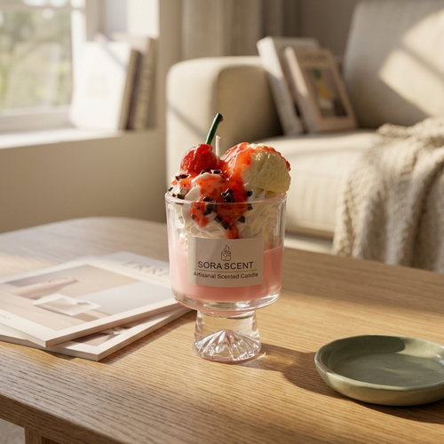 Handcrafted Cherry Sundae Candle with realistic cherry, whipped cream, and ice cream-inspired wax details in a decorative dessert glass.