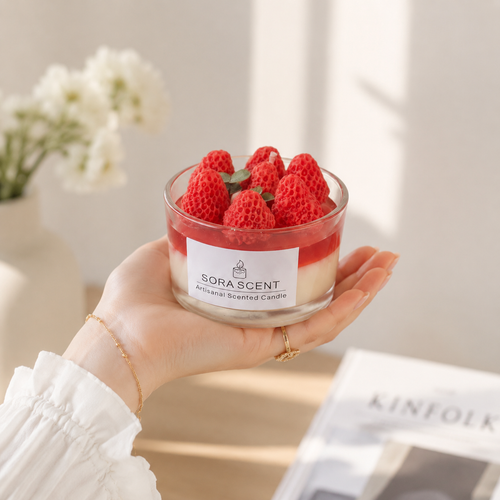 """Strawberry jelly scented candle by Sora Scent, hyper-realistic handcrafted fruit wax art with translucent jelly texture for aesthetic home decor."""