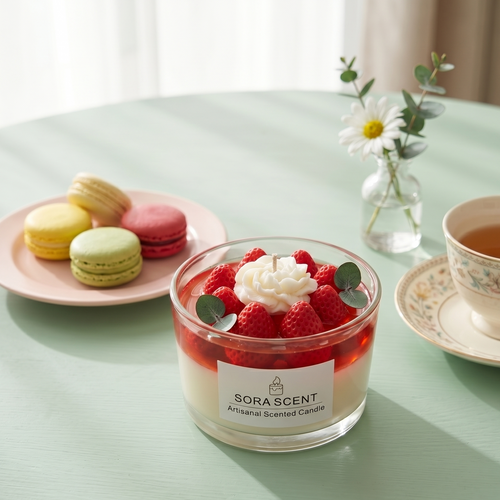 """Close-up of strawberry jelly wax texture by Sora Scent, high-fidelity fruit simulation with vibrant color and crystal clarity for art candle lovers."""
