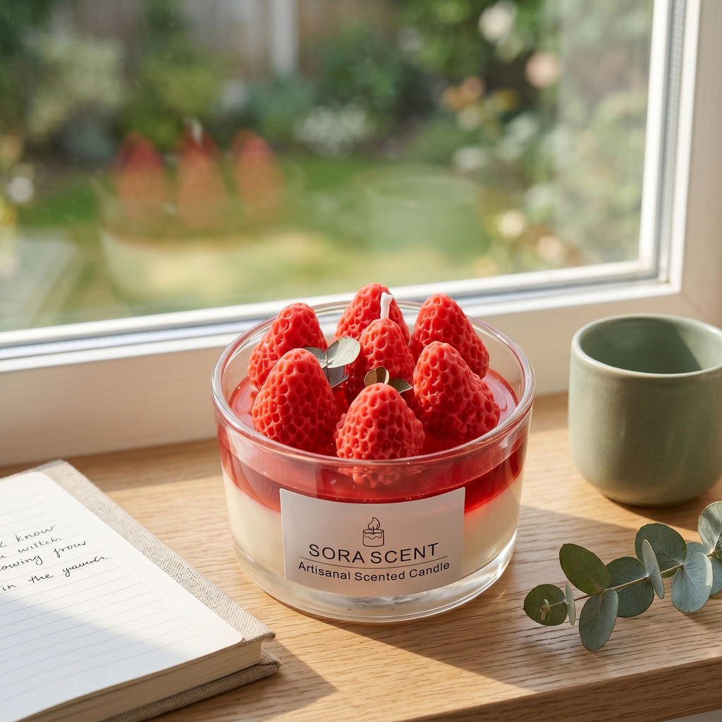 """Sora Scent strawberry jelly candle styled as minimalist tabletop decor, aesthetic fruit-shaped wax sculpture for a fresh and sweet interior atmosphere."""