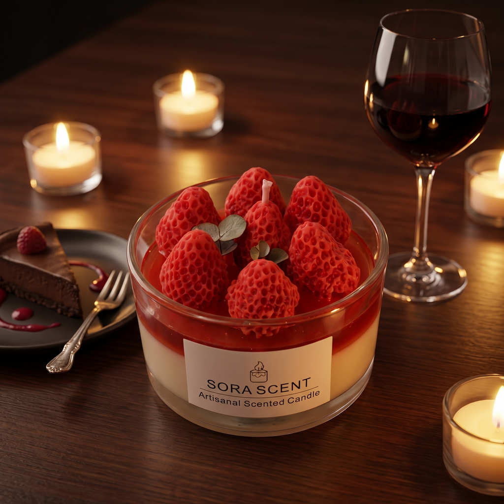 """Lit strawberry jelly candle by Sora Scent, glowing translucent wax diffusing a sweet fruity aroma for a cozy and relaxing home environment."""