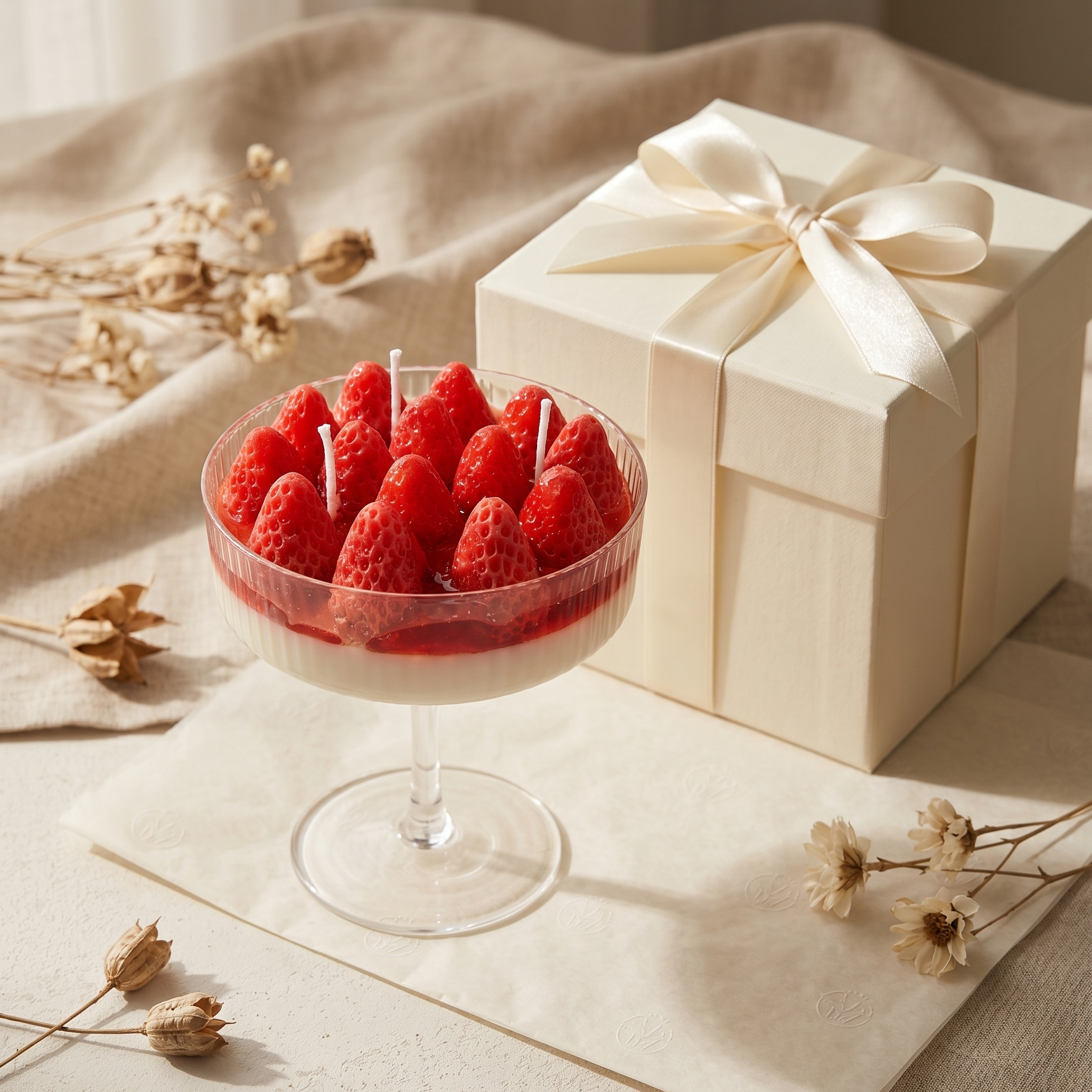 Strawberry scented goblet candle displayed as aesthetic home decor in a modern interior.