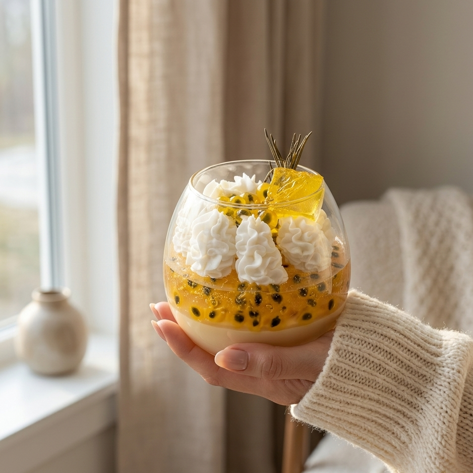 """Close-up of Passion Fruit Mango dessert candle by Sora Scent, high-fidelity fruit and cream wax textures for luxury candle collectors."""