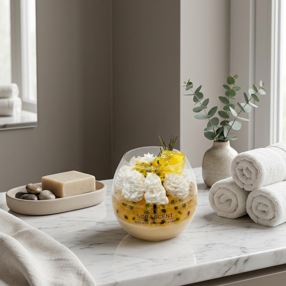 """Lit Passion Fruit Mango candle by Sora Scent, glowing fruit dessert wax sculpture diffusing refreshing summer aroma for a relaxing home atmosphere."""