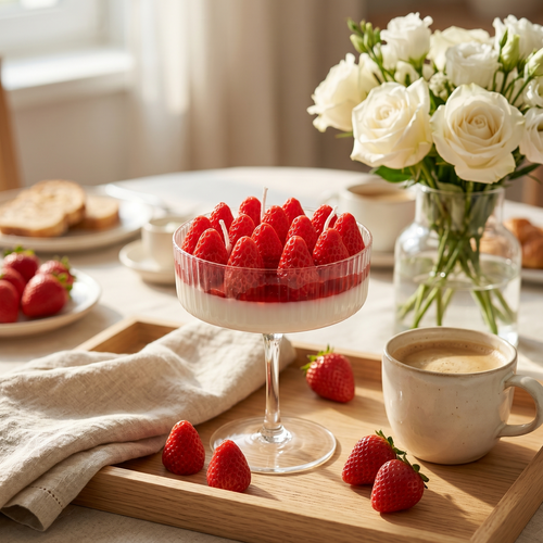 Handcrafted Strawberry Dessert Goblet Candle with realistic strawberry details and sweet berry fragrance by SORA SCENT.