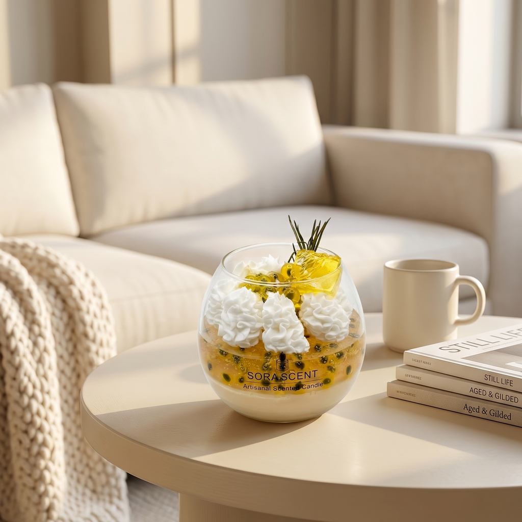 """Sora Scent fruit dessert candle styled on a table for afternoon tea, minimalist aesthetic wax sculpture for fresh kitchen home styling."""
