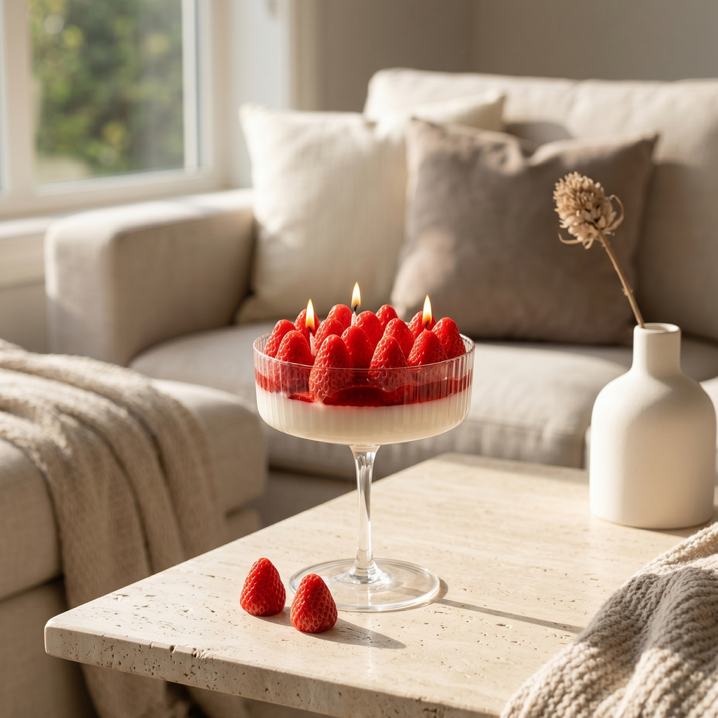 Strawberry scented goblet candle displayed as aesthetic home decor in a modern interior.
