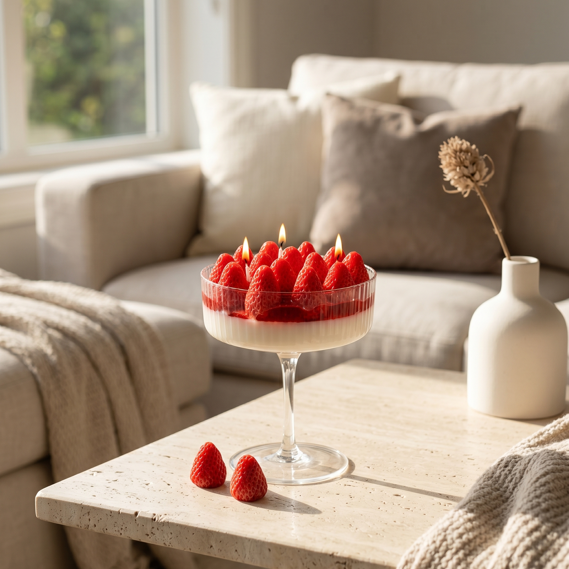 Strawberry scented goblet candle displayed as aesthetic home decor in a modern interior.