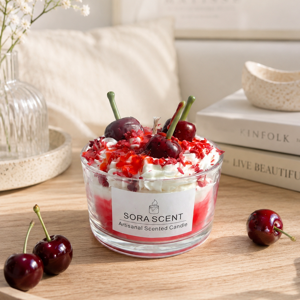 Cherry Vanilla Parfait Glass Bowl Candle styled on a light stone surface with fresh cherries, a coffee cup, and soft natural light