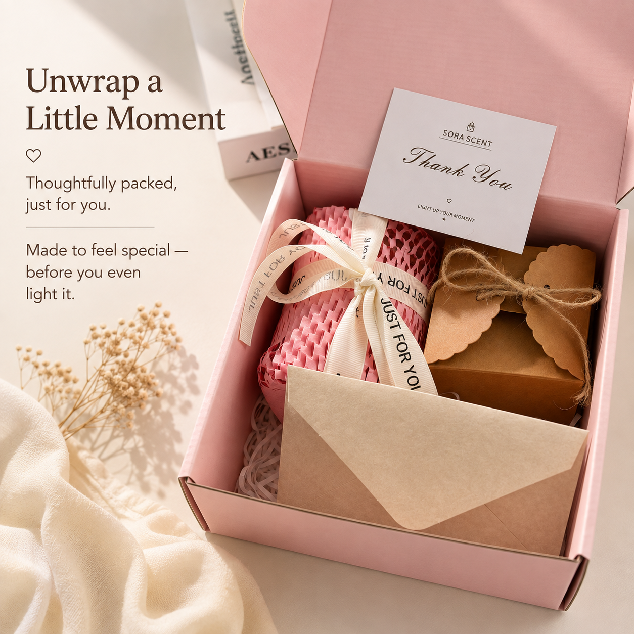 SORA SCENT candle gift box with thank-you card and gift-ready packaging