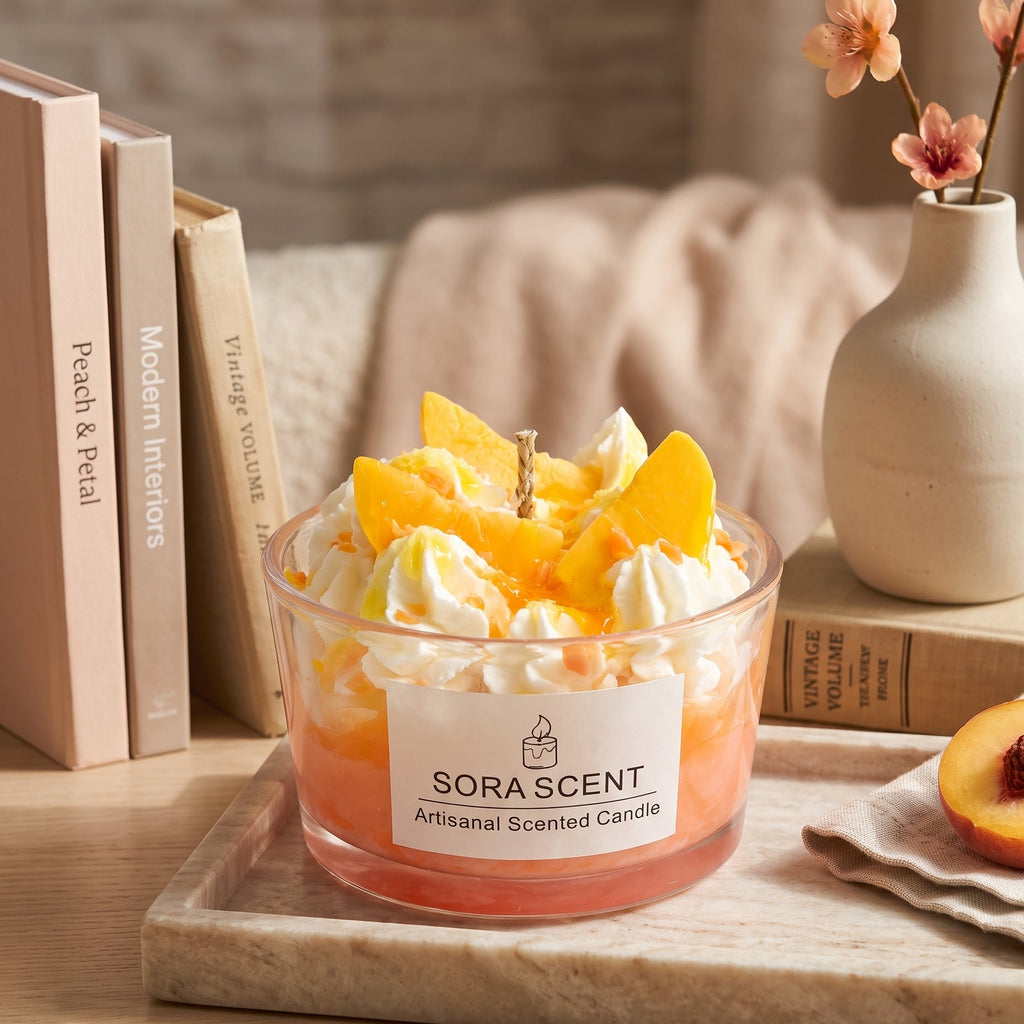 Yellow peach dessert candle displayed in a warm home decor setting with books, a neutral tray, and soft natural light