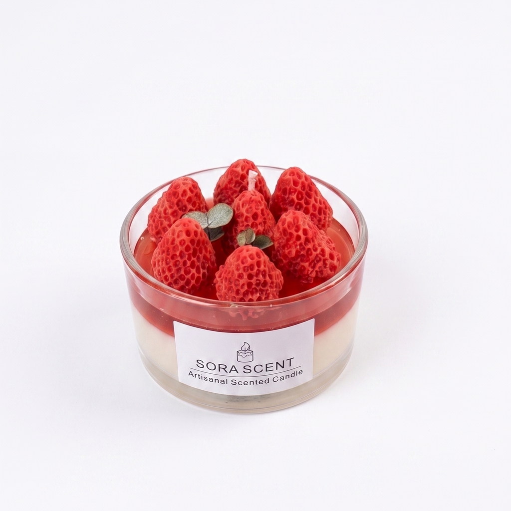 """Premium gift set of Sora Scent strawberry jelly candle, small-batch handmade artistic wax gift for unique fruit-themed interior decoration."""