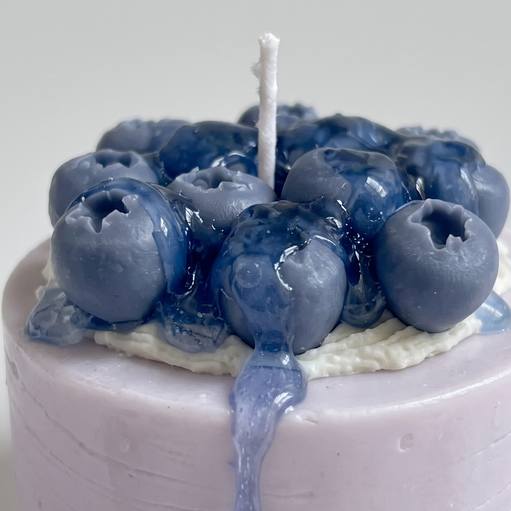 Macro close-up of SORA SCENT's Mini Blueberry Mousse Cake Candle, highlighting the glossy texture of the wax blueberries and translucent dripping syrup on the white cream top.