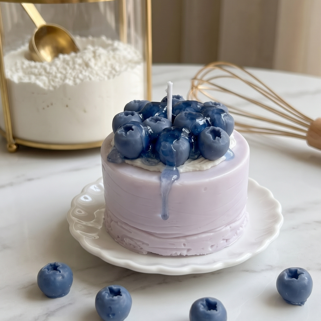 shows a handcrafted Mini Blueberry Mousse Cake Candle by SORA SCENT on a travertine stone coffee table next to a gold wick trimmer and a minimalist book.