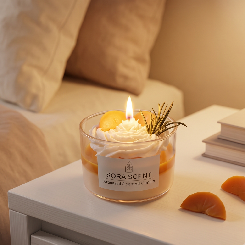 shows a lit handcrafted Lavender Peach Cream Tart Candle by SORA SCENT on a white wooden bedside nightstand in a cozy bedroom setting, with soft lamp light illuminating the whipped cream wax and loose decorative wax fruit slices beside it.