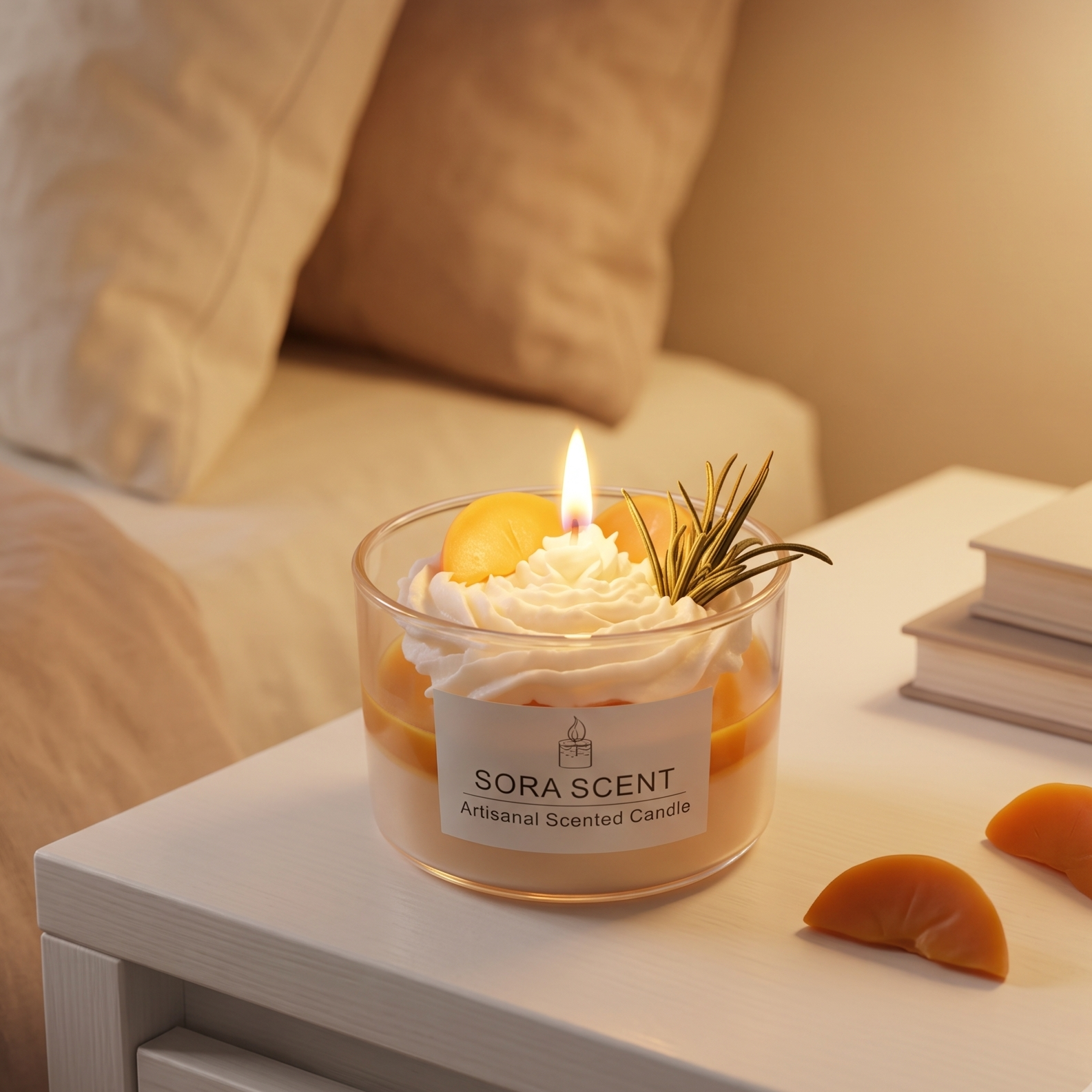 shows a lit handcrafted Lavender Peach Cream Tart Candle by SORA SCENT on a white wooden bedside nightstand in a cozy bedroom setting, with soft lamp light illuminating the whipped cream wax and loose decorative wax fruit slices beside it.