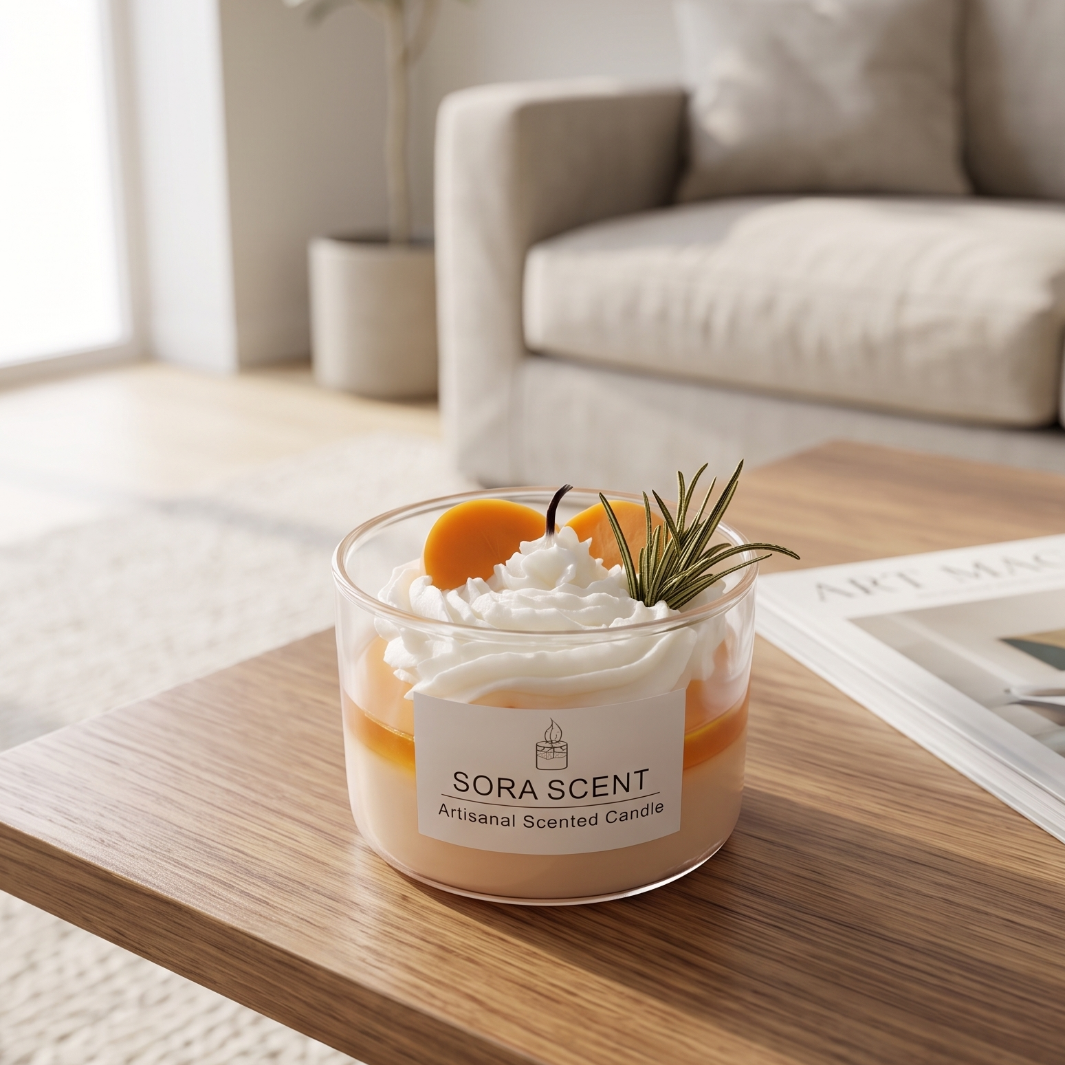 A lit Lavender Peach Cream Tart Candle by SORA SCENT burning softly on a wooden table, casting a warm flickering glow over the melting whipped cream wax pool and fruit toppers.