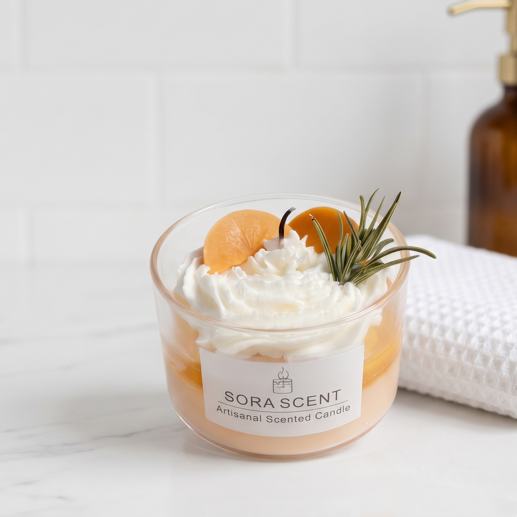 SORA SCENT Lavender Peach Cream Tart Candle styled on a marble bath tray next to rolled cotton towels and skincare bottles, creating a tranquil home spa ambiance.
