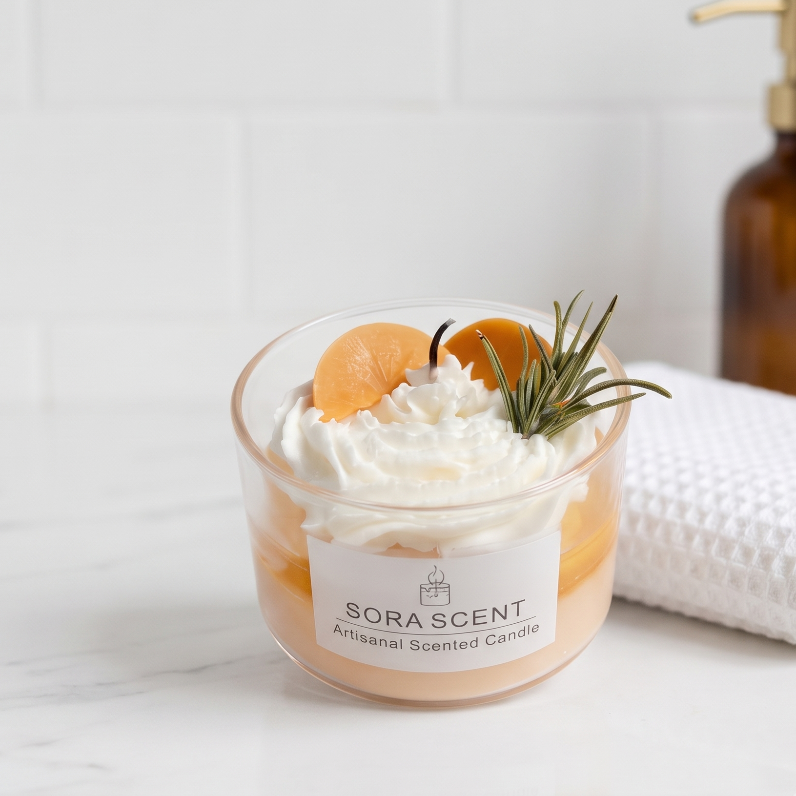 SORA SCENT Lavender Peach Cream Tart Candle styled on a marble bath tray next to rolled cotton towels and skincare bottles, creating a tranquil home spa ambiance.