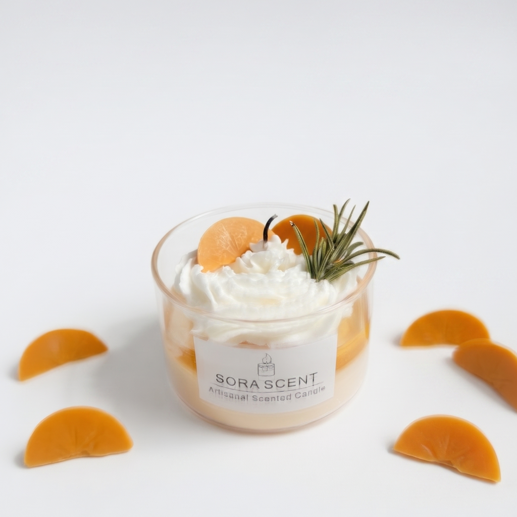 Handcrafted Lavender Peach Cream Tart Candle by SORA SCENT in a clear glass ramekin, featuring white whipped soy wax, realistic amber fruit slices, and a rosemary sprig garnish on a clean background.