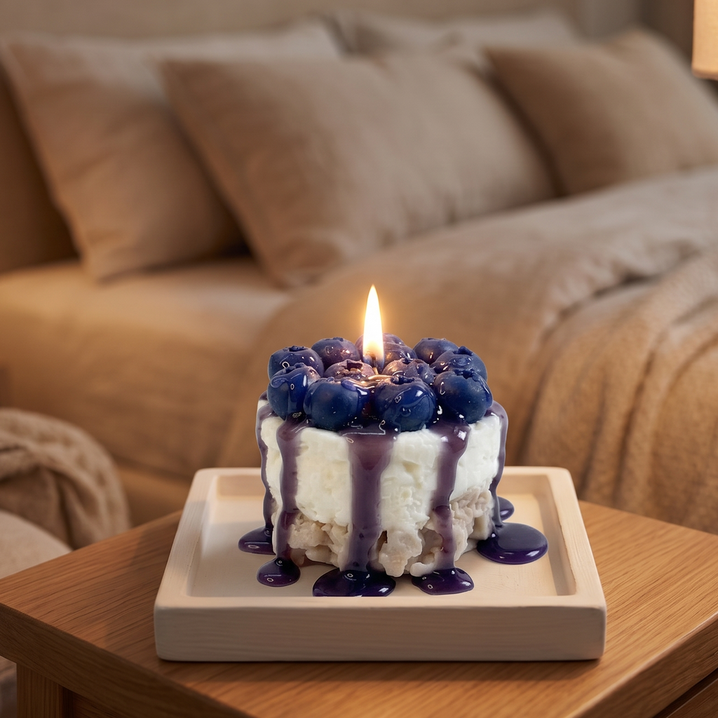 handcrafted Mini Blueberry Cheesecake Candle by SORA SCENT standing on a minimalist wooden coffee table, featuring a textured crumb base, smooth white cream layer, dripping purple blueberry glaze, and realistic deep-blue wax blueberries on top, next to a blurred lifestyle magazine.
