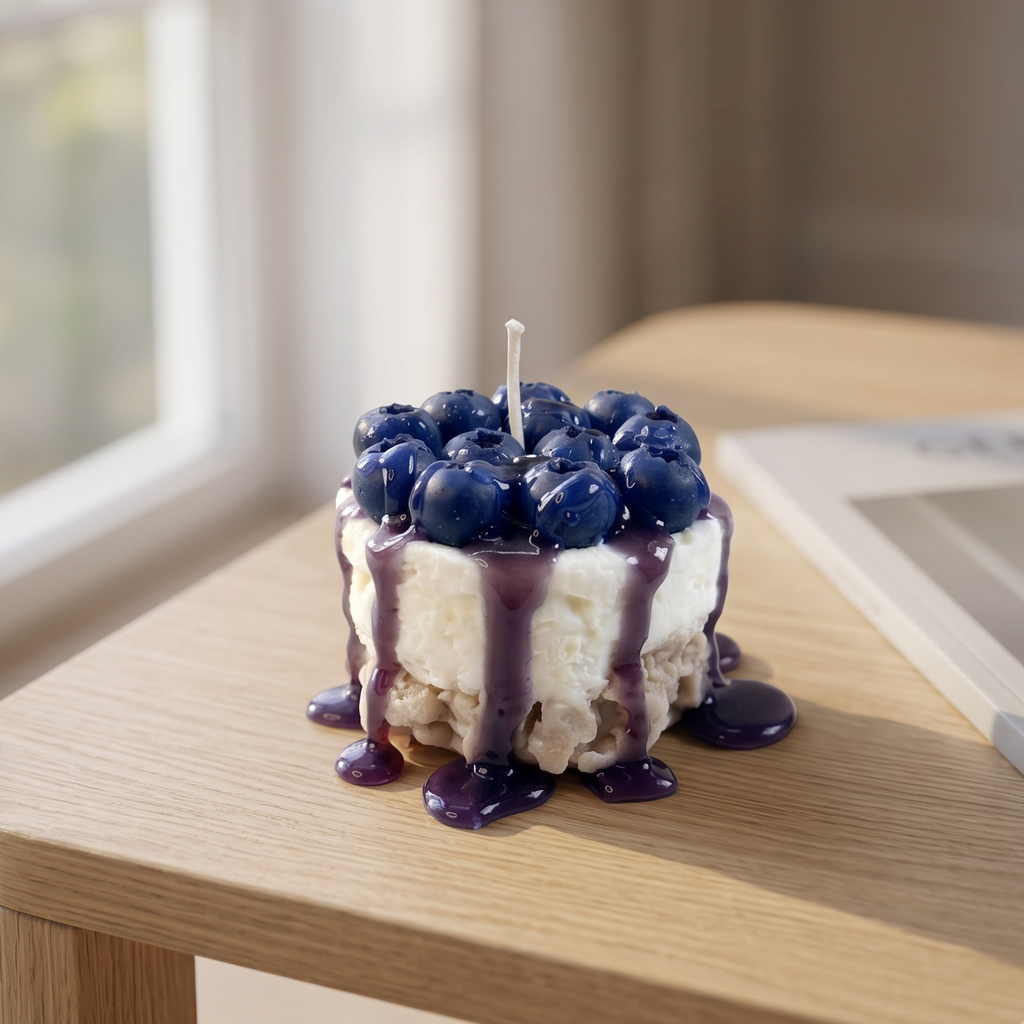 handcrafted Mini Blueberry Cheesecake Candle by SORA SCENT standing on a minimalist wooden coffee table, featuring a textured crumb base, smooth white cream layer, dripping purple blueberry glaze, and realistic deep-blue wax blueberries on top, next to a blurred lifestyle magazine.