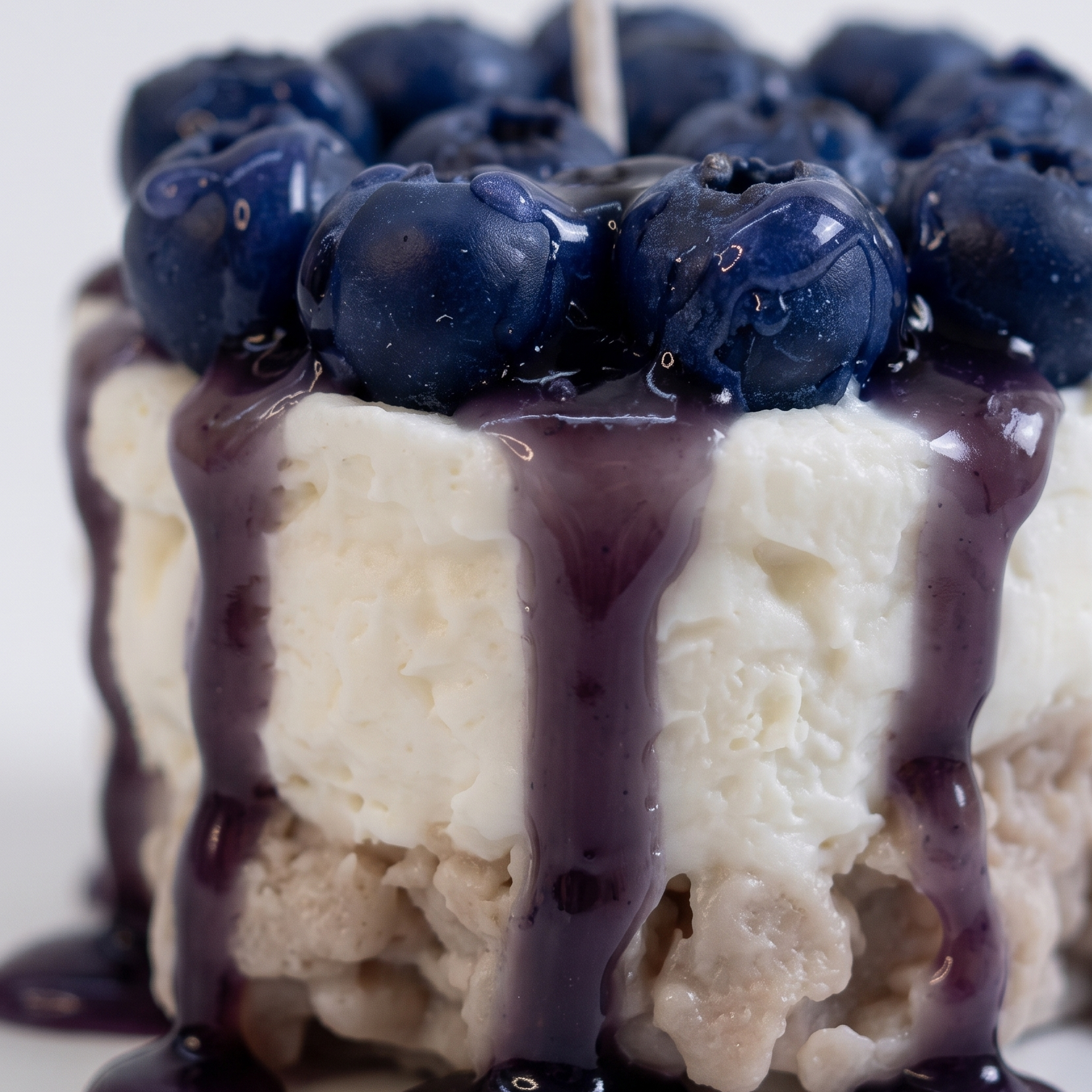 handcrafted Mini Blueberry Cheesecake Candle by SORA SCENT standing on a minimalist wooden coffee table, featuring a textured crumb base, smooth white cream layer, dripping purple blueberry glaze, and realistic deep-blue wax blueberries on top, next to a blurred lifestyle magazine.