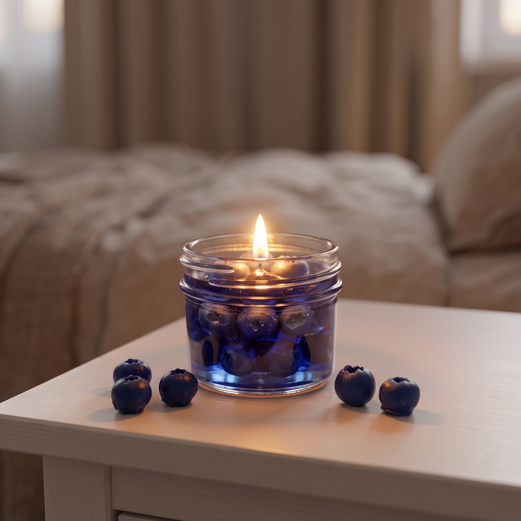 The sora-scent-blueberry-gel-jelly-candle-white-background.jpg.png presents a handcrafted Wild Blueberry Preserves Candle by SORA SCENT in a clear glass jar on a white background, filled with translucent blue jelly wax and realistic wax blueberries, surrounded by loose decorative blueberries.