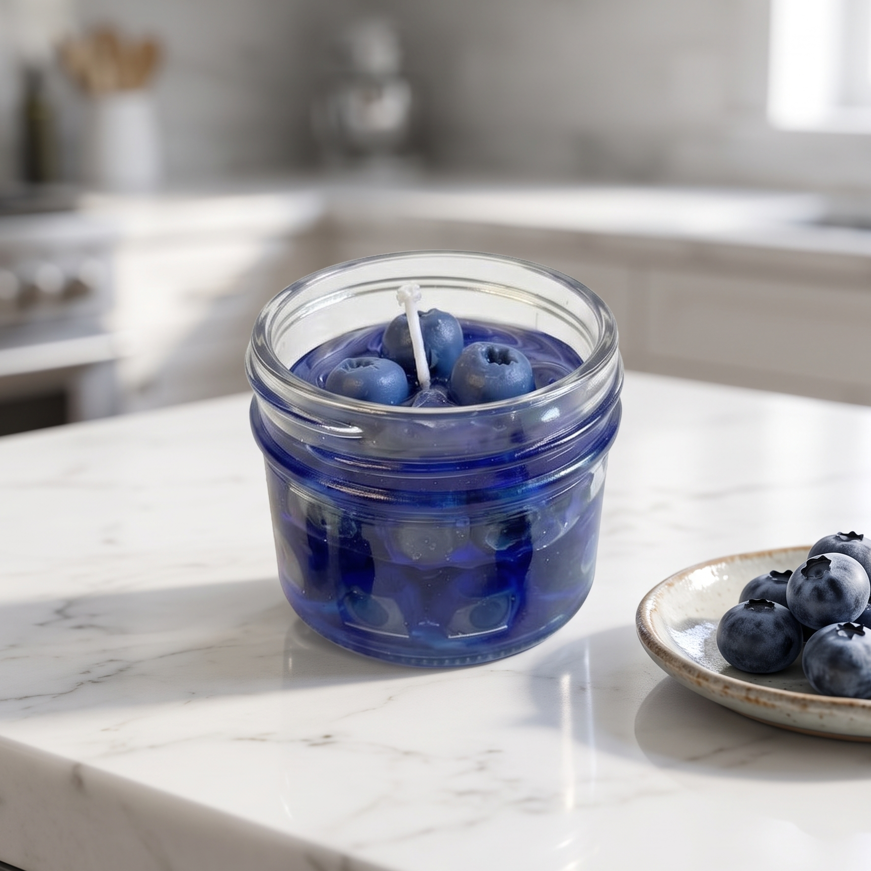 The sora-scent-blueberry-gel-jelly-candle-white-background.jpg.png presents a handcrafted Wild Blueberry Preserves Candle by SORA SCENT in a clear glass jar on a white background, filled with translucent blue jelly wax and realistic wax blueberries, surrounded by loose decorative blueberries.