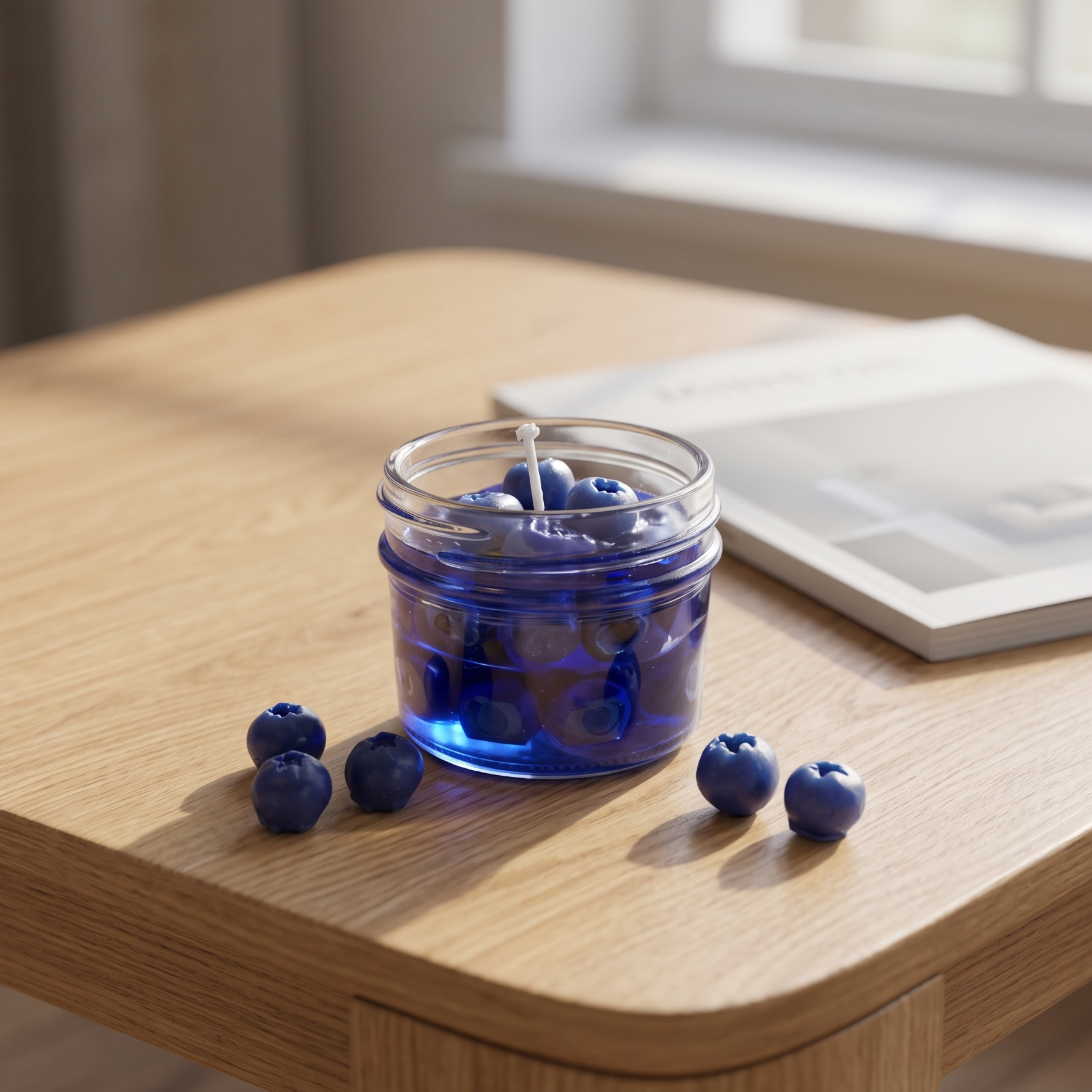 The sora-scent-blueberry-gel-jelly-candle-white-background.jpg.png presents a handcrafted Wild Blueberry Preserves Candle by SORA SCENT in a clear glass jar on a white background, filled with translucent blue jelly wax and realistic wax blueberries, surrounded by loose decorative blueberries.