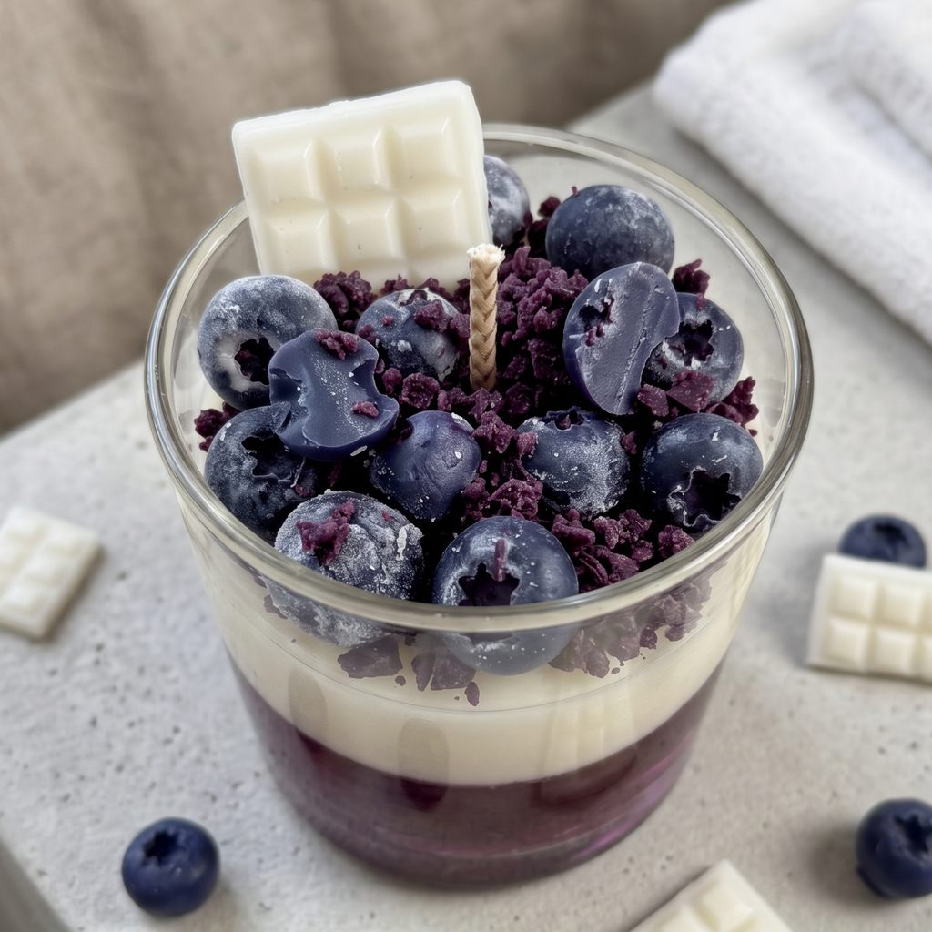 A lit Blueberry White Chocolate Parfait Candle by SORA SCENT burning softly, featuring a warm flickering flame illuminating the purple gel wax layer and casting a cozy glow.