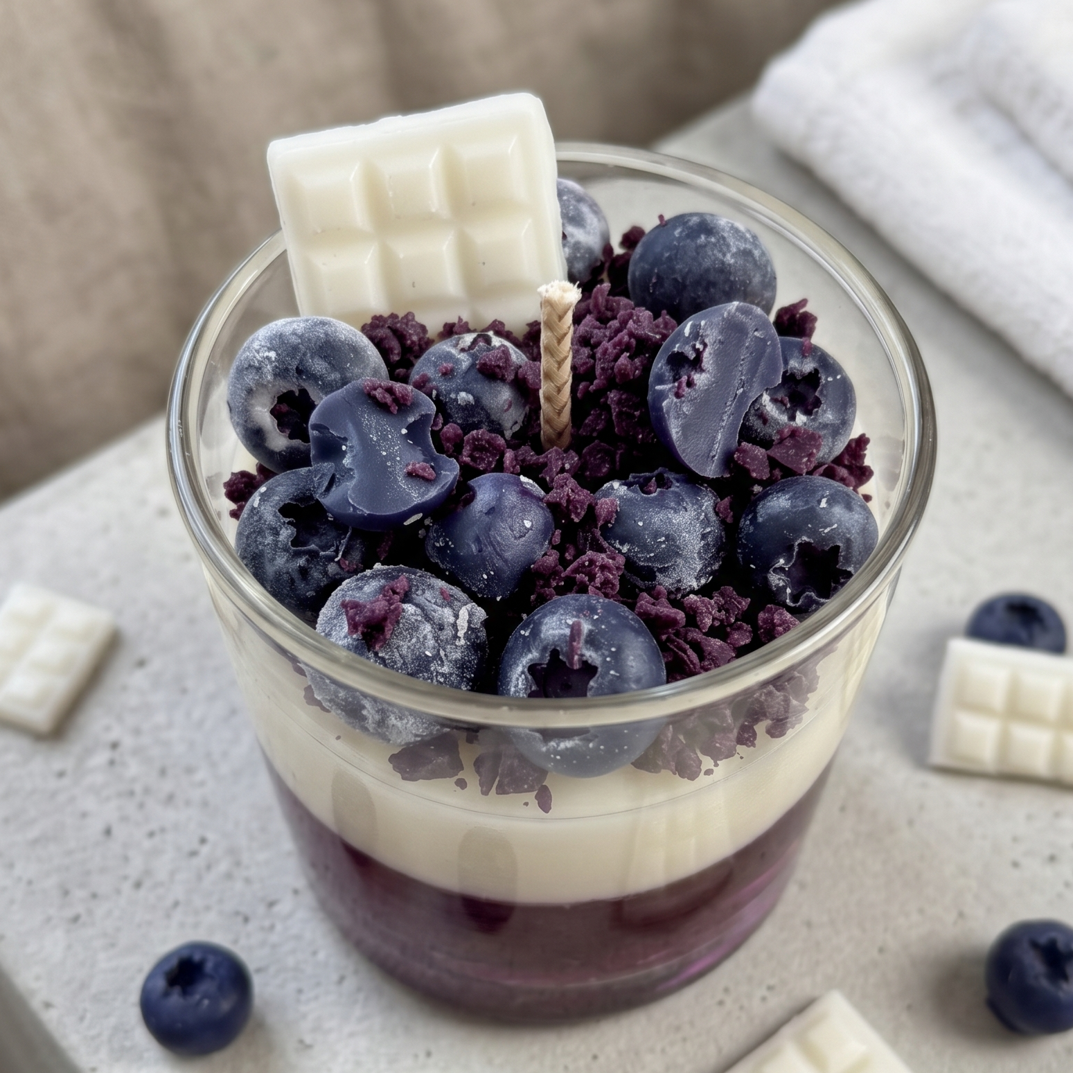 A lit Blueberry White Chocolate Parfait Candle by SORA SCENT burning softly, featuring a warm flickering flame illuminating the purple gel wax layer and casting a cozy glow.