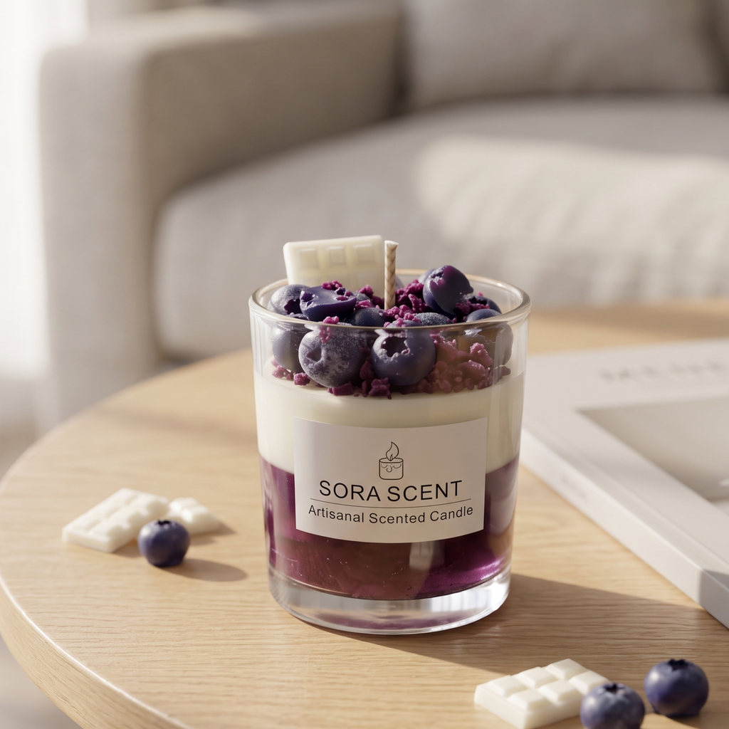 SORA SCENT Blueberry White Chocolate Parfait Candle styled on a modern wooden coffee table next to a coffee cup and art books, creating a cozy French bakery ambiance.