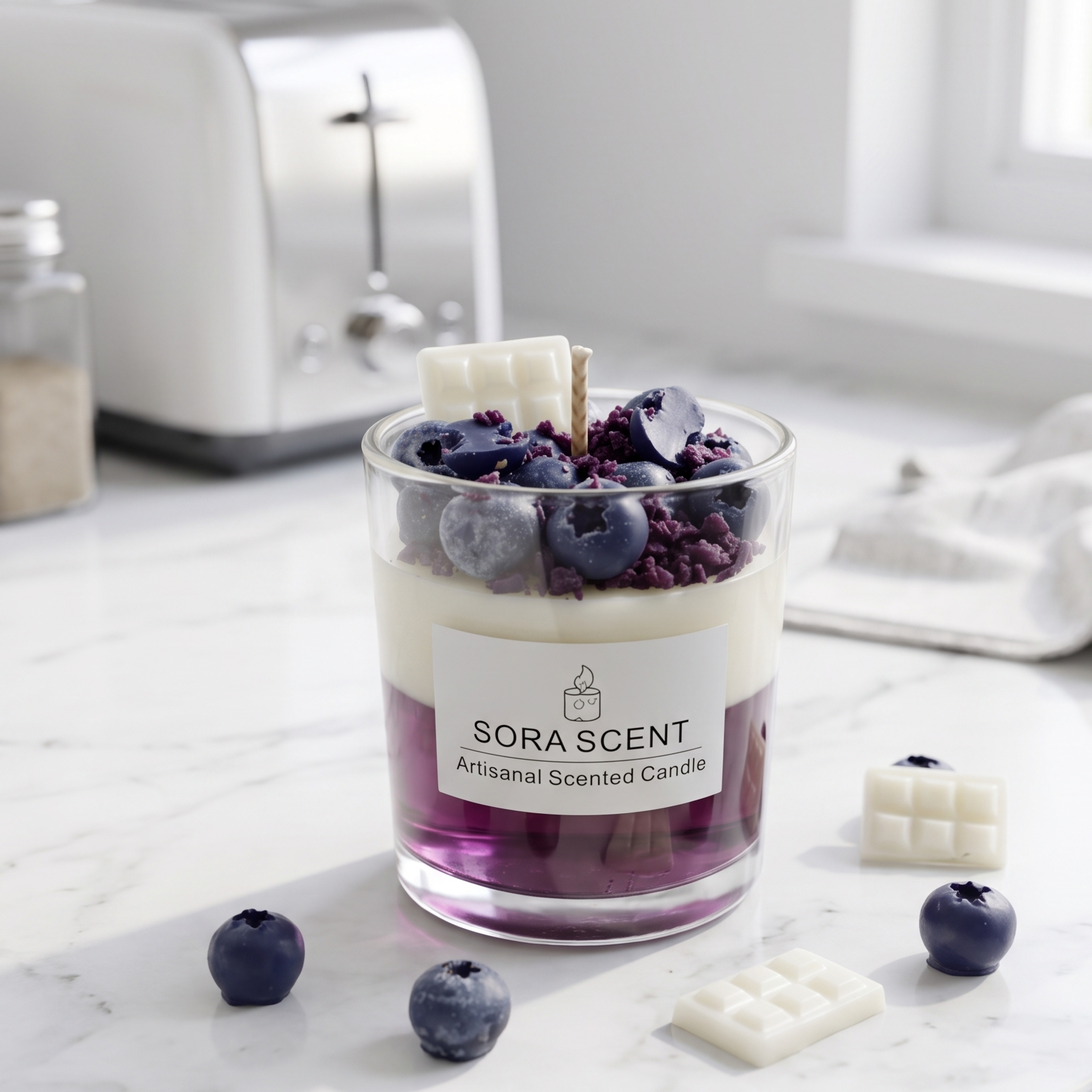shows a handcrafted Blueberry White Chocolate Parfait Candle by SORA SCENT sitting on a white marble kitchen countertop, featuring purple gel wax jelly, soy mousse, frosted wax blueberries, and mini white chocolate bars.