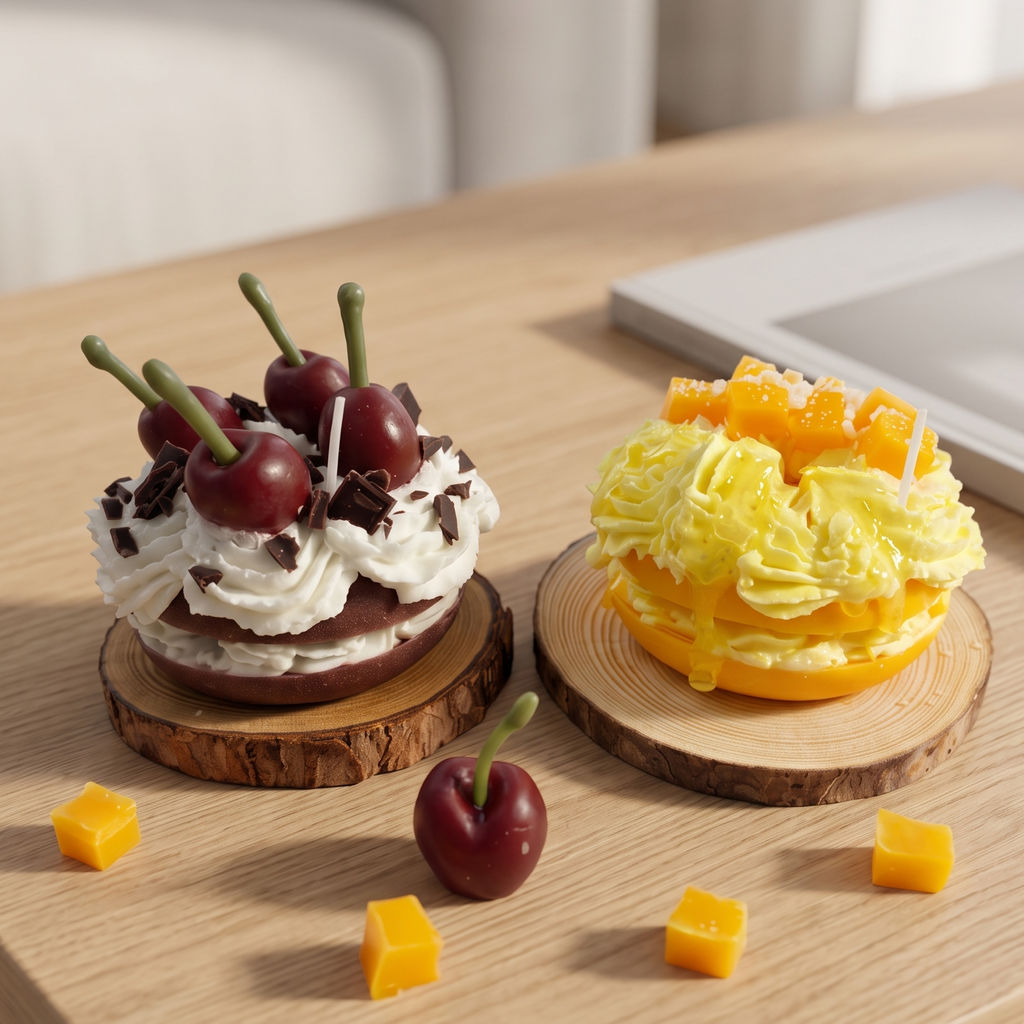 shows two handcrafted Mini Mango and Black Forest Cherry Tart Candles by SORA SCENT sitting on wooden coasters on a white marble kitchen countertop near a coffee machine.
