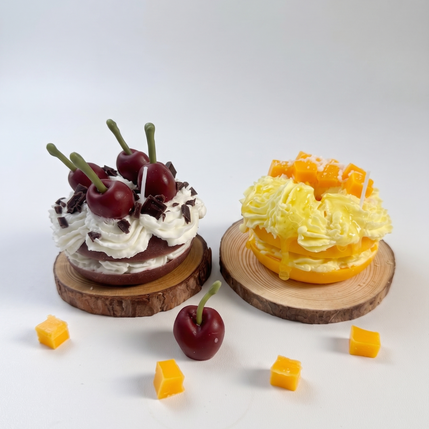 SORA SCENT Mini Mango and Black Forest Cherry Tart Candles on a clean background, showcasing their biscuit bases, whipped cream piping, wax cherries, and mango cubes.