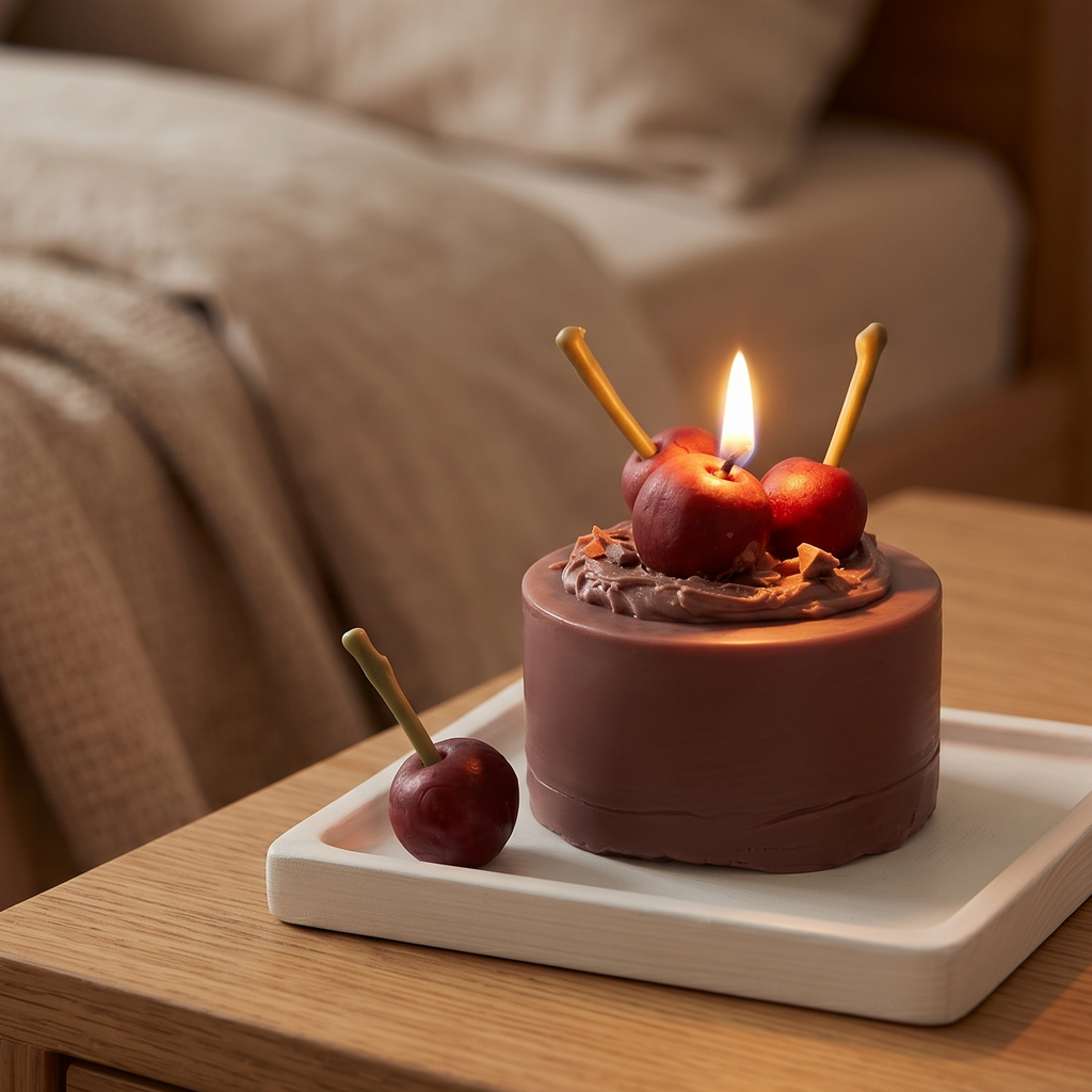 A lit Mini Chocolate Cherry Cake Candle by SORA SCENT burning softly, featuring a warm flickering flame illuminating the dark cocoa wax cherries and rich brown base.