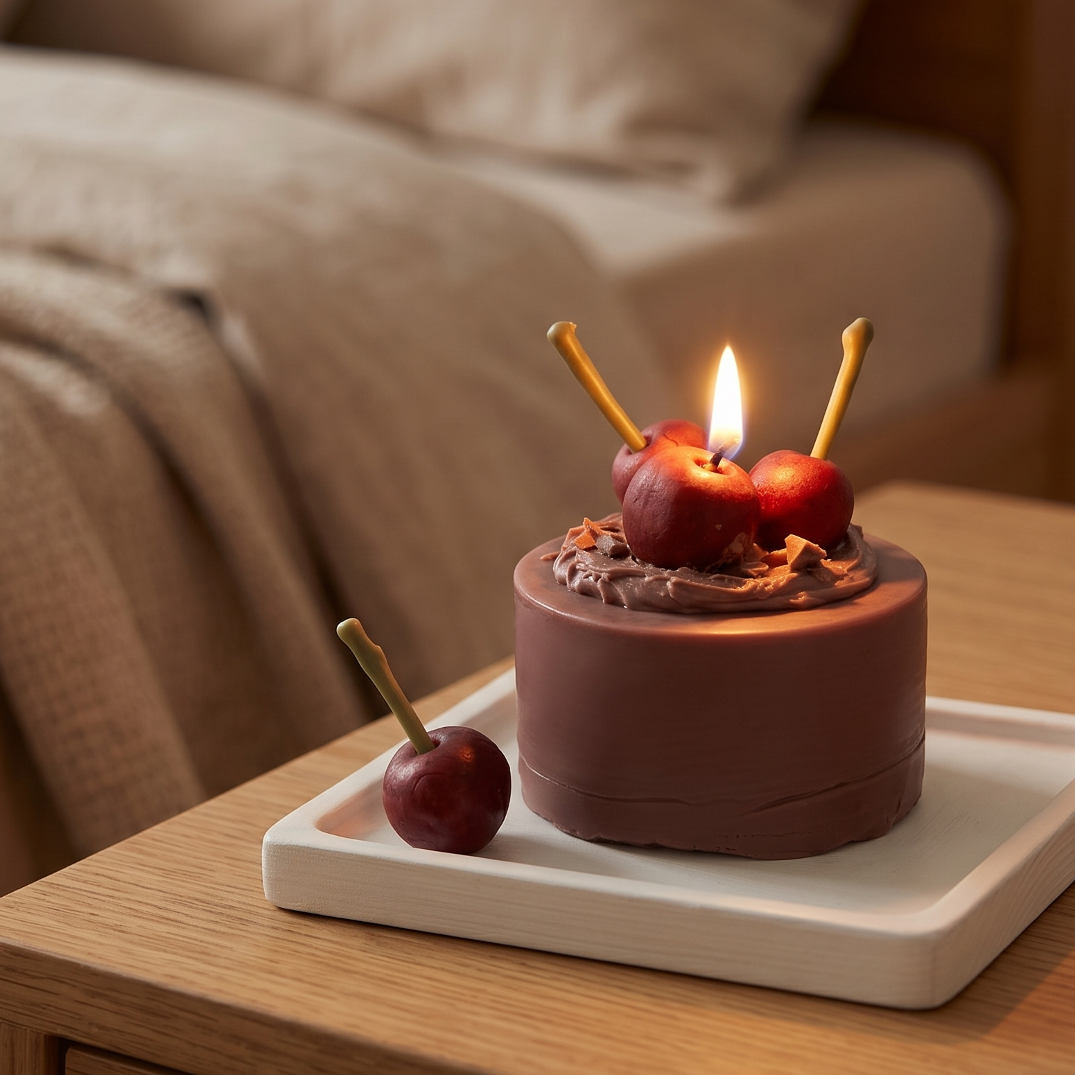 A lit Mini Chocolate Cherry Cake Candle by SORA SCENT burning softly, featuring a warm flickering flame illuminating the dark cocoa wax cherries and rich brown base.