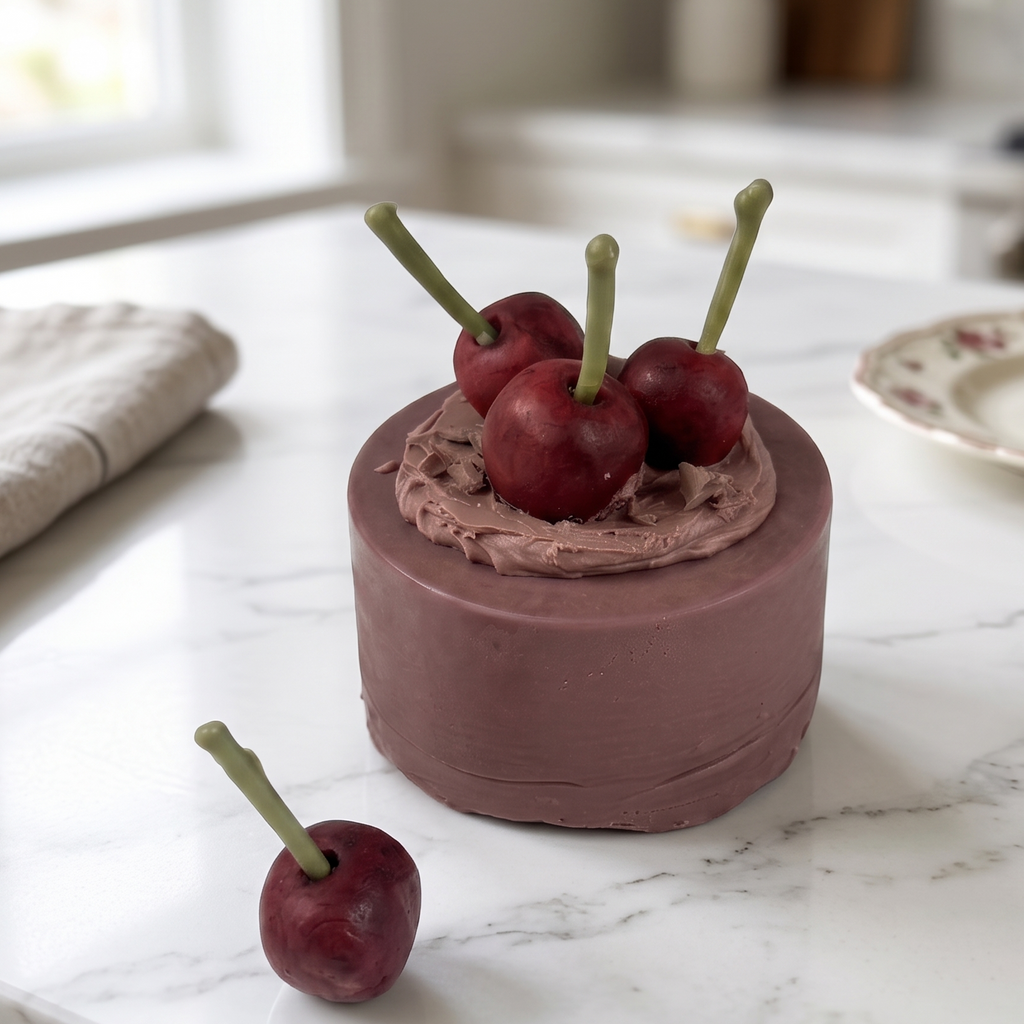 shows a lit handcrafted Mini Chocolate Cherry Cake Candle by SORA SCENT sitting on a square ceramic dish on a wooden bedside nightstand, featuring rich cocoa soy wax, chocolate ganache top, and realistic wax cherries with stems.