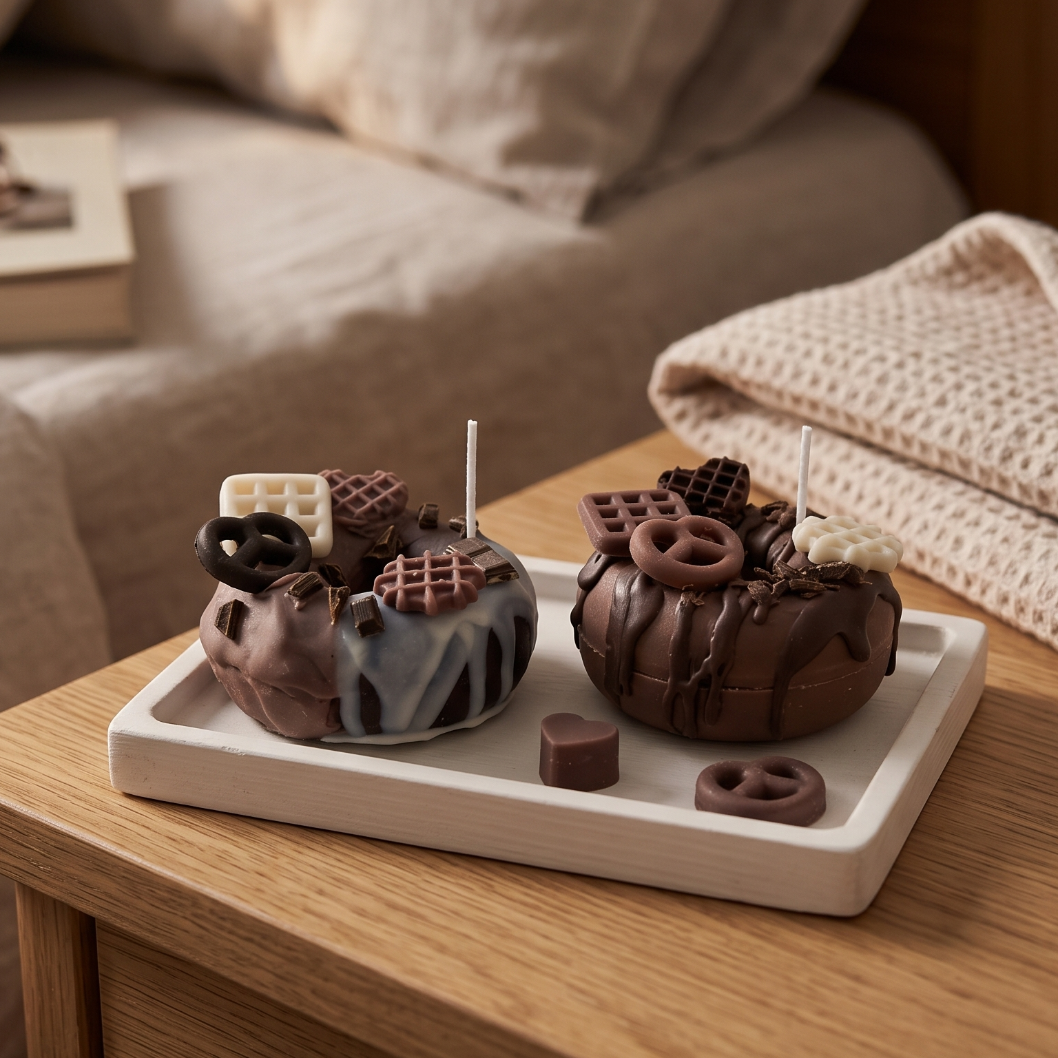shows two handcrafted Mini Chocolate Glazed Donut Candles by SORA SCENT sitting on a white tray on a wooden nightstand, featuring realistic wax pretzels, mini waffles, and chocolate shavings.