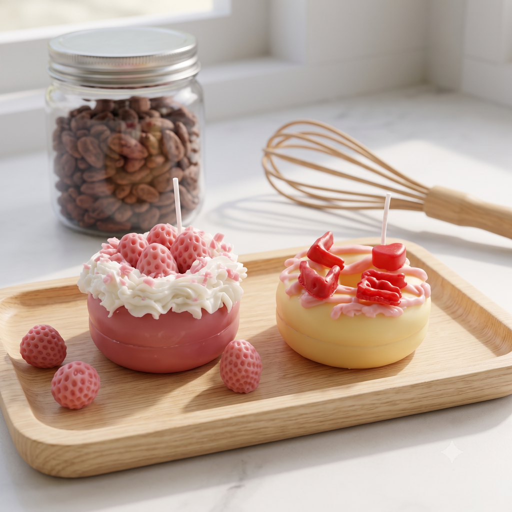 SORA SCENT Mini Pink Strawberry Donut Candle on a clean background, showcasing its rosy pink donut base, hand-piped soy whipped cream, and realistic pink wax strawberries.