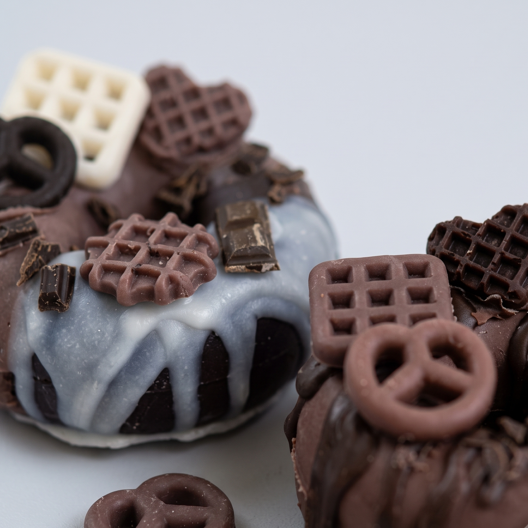Macro close-up of SORA SCENT's Mini Chocolate Glazed Donut Candle, highlighting the detailed textures of hand-sculpted wax pretzels, mini waffle squares, and cocoa shavings.
