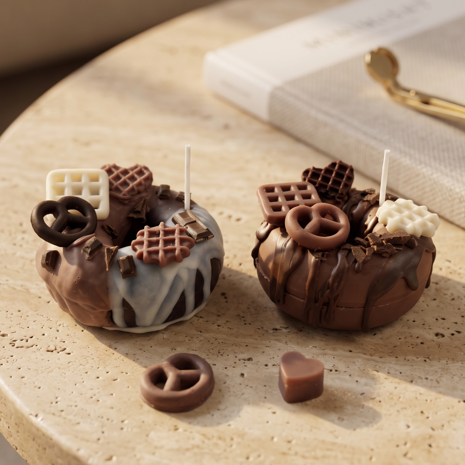 SORA SCENT Mini Chocolate Glazed Donut Candle styled on a wooden coffee table next to a coffee cup and art books, creating a cozy boutique bakery ambiance.