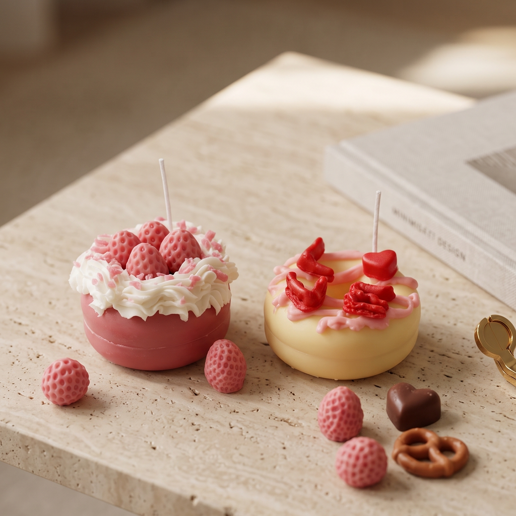 SORA SCENT White Chocolate LOVE Donut Candle, featuring a creamy white donut base with pink dripping glaze and red wax LOVE letters and heart toppings.