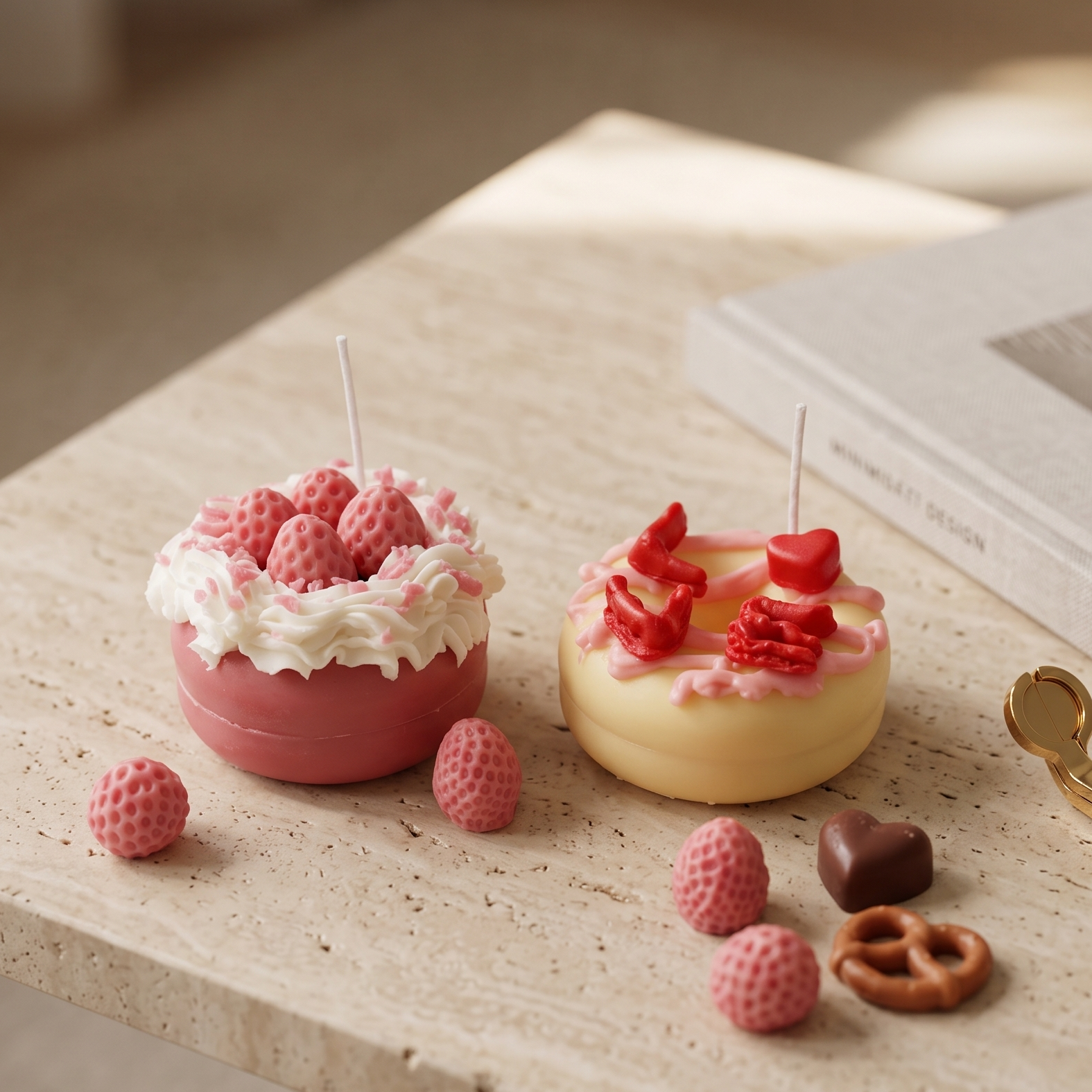 SORA SCENT White Chocolate LOVE Donut Candle, featuring a creamy white donut base with pink dripping glaze and red wax LOVE letters and heart toppings.