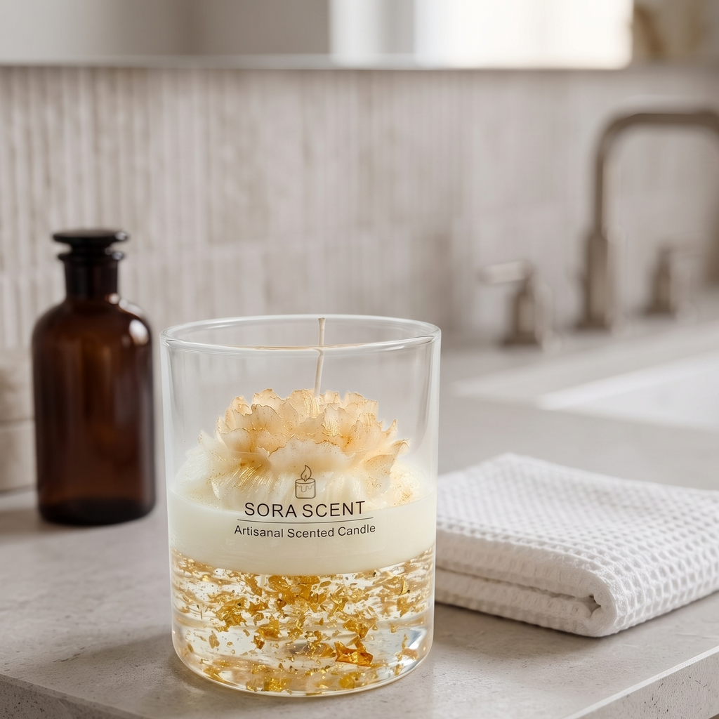 A lit Golden Peony Lavender Luxury Glass Candle by SORA SCENT burning softly, featuring a warm flickering flame that illuminates the melting flower top and casts a shimmering golden light through the glass.