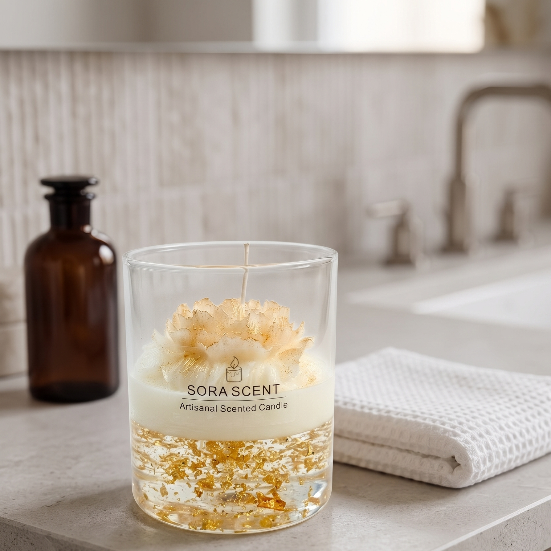 A lit Golden Peony Lavender Luxury Glass Candle by SORA SCENT burning softly, featuring a warm flickering flame that illuminates the melting flower top and casts a shimmering golden light through the glass.