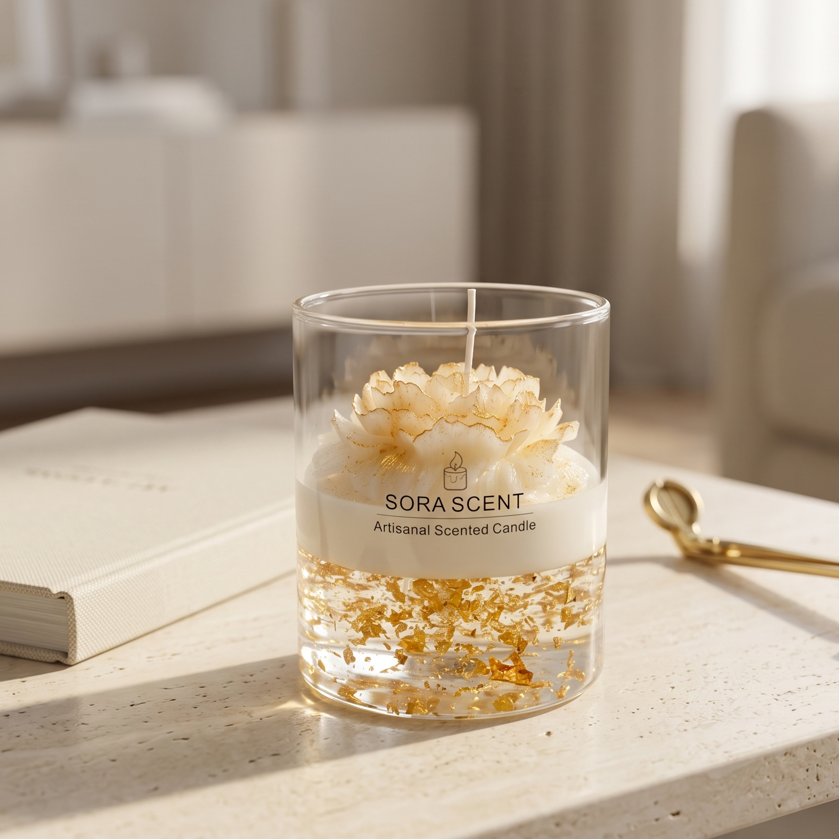 SORA SCENT Golden Peony Lavender Candle styled elegantly on a marble vanity tray next to luxury perfume bottles and gold jewelry, creating a sophisticated home decor aesthetic.